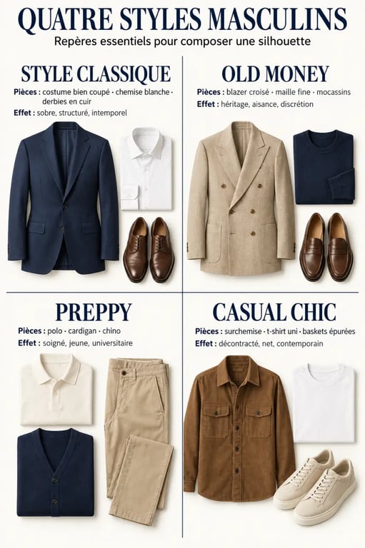 Infographie comparant le style vestimentaire classique homme, old money, preppy et casual chic