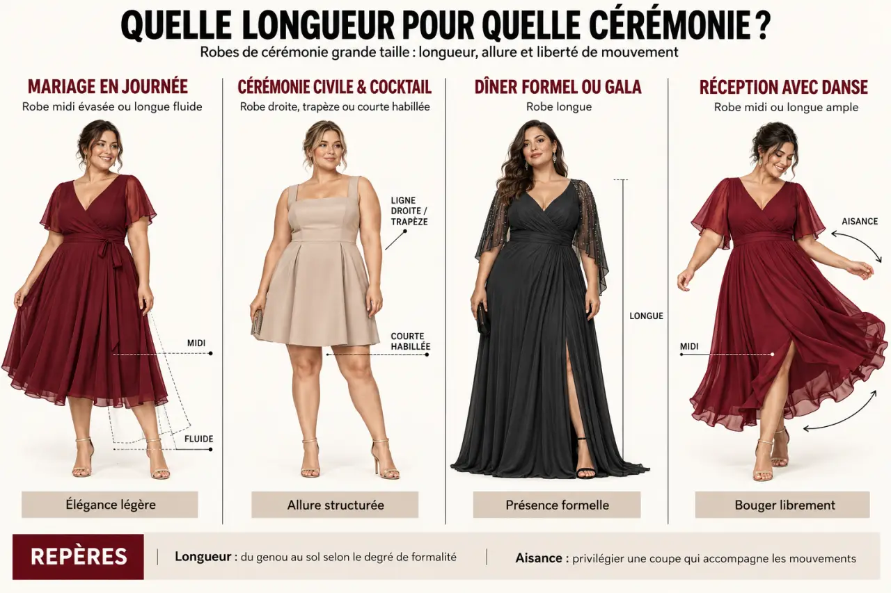 Infographie des longueurs et coupes pour choisir une robe pour ceremonie grande taille selon l'occasion