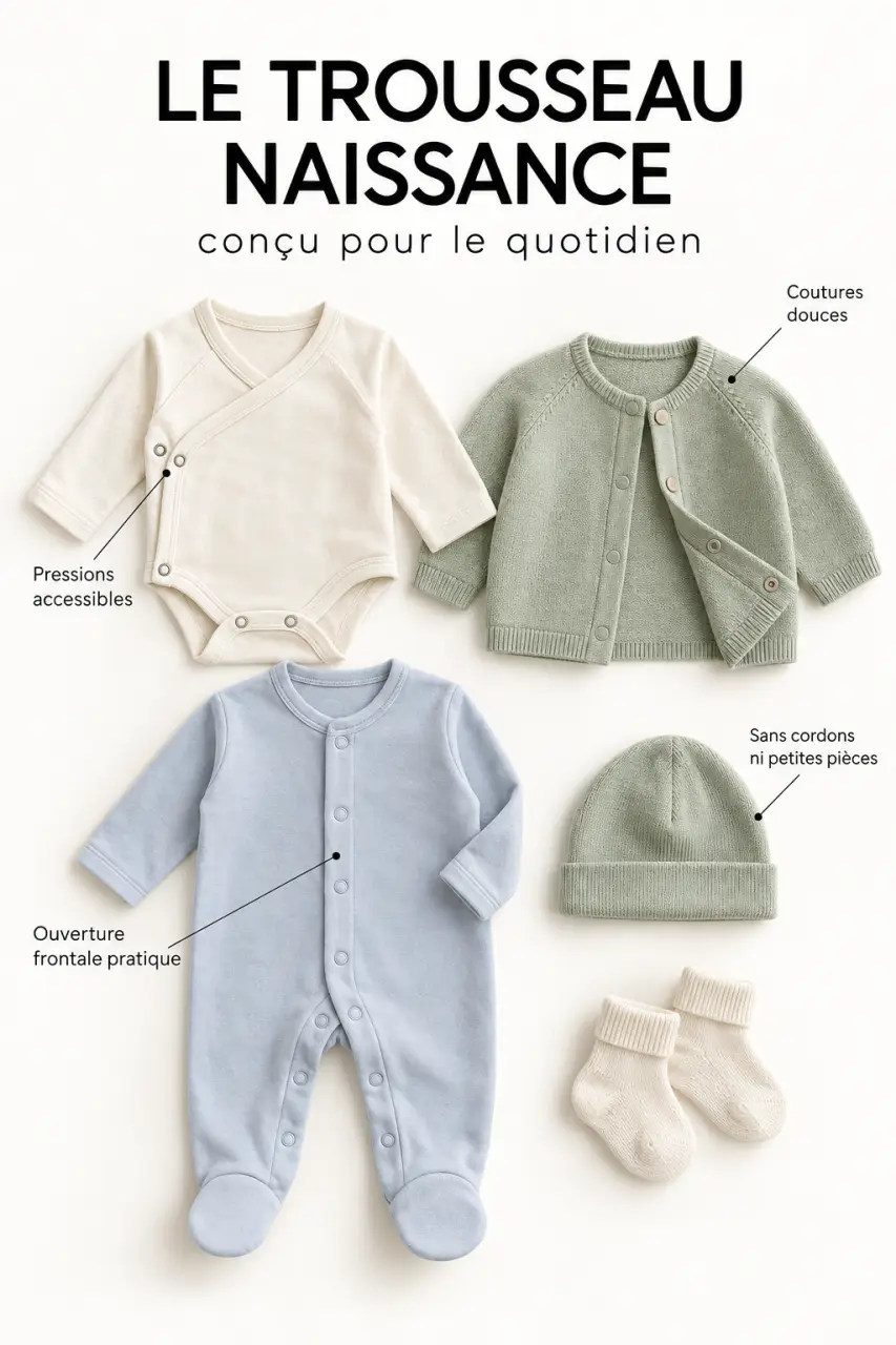 Tenue naissance bébé complète avec body croisé, pyjama souple et gilet aux ouvertures pratiques