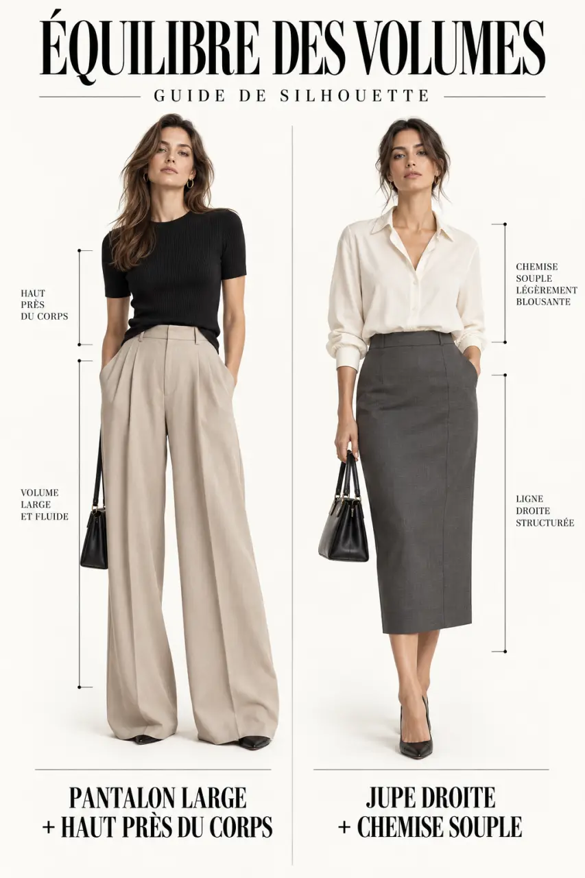 Tenue chic femme équilibrant les volumes avec pantalon large ou jupe droite