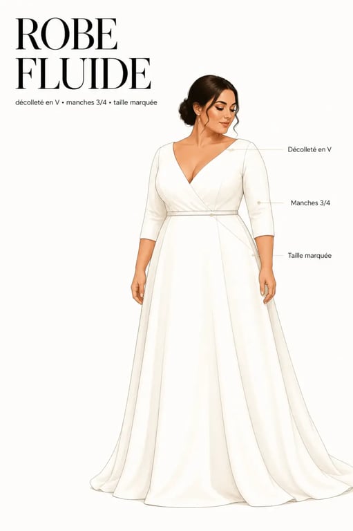 Robe de mariage pour femme ronde avec décolleté en V, manches trois-quarts et taille marquée
