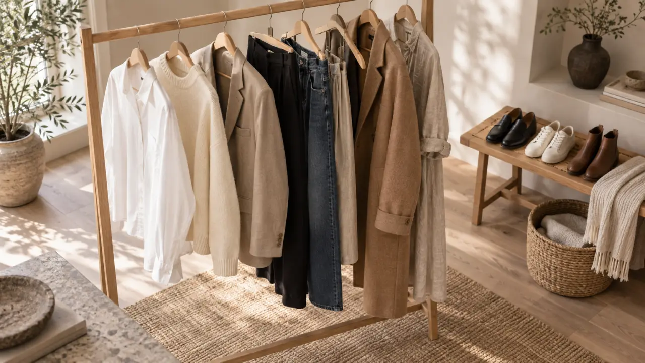 Vestiaire minimaliste composé de vêtements aux tons naturels