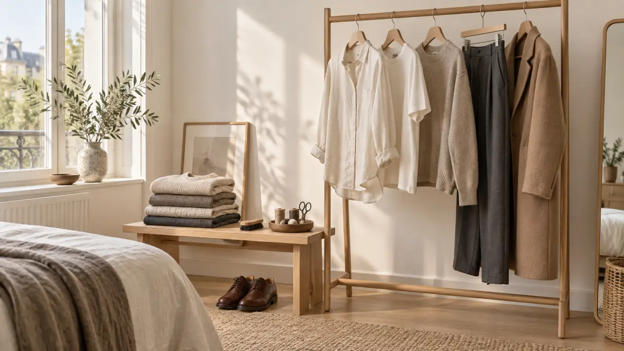 Silhouette en manteau beige dans une architecture minimaliste
