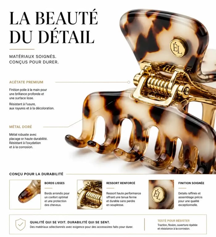 Détail de qualité et matières des accessoires femme cheveux