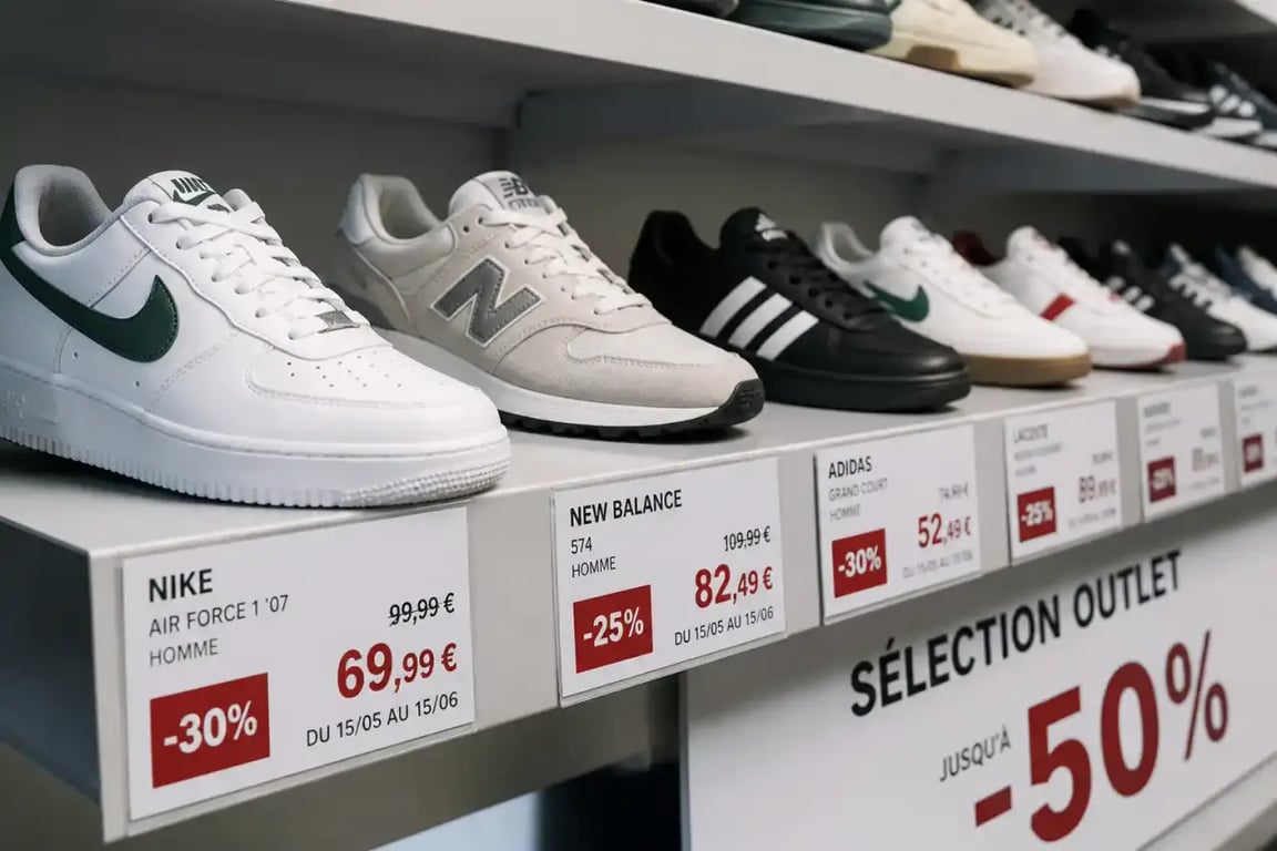 Sneakers en solde alignées en rayon outlet avec étiquettes prix réduits