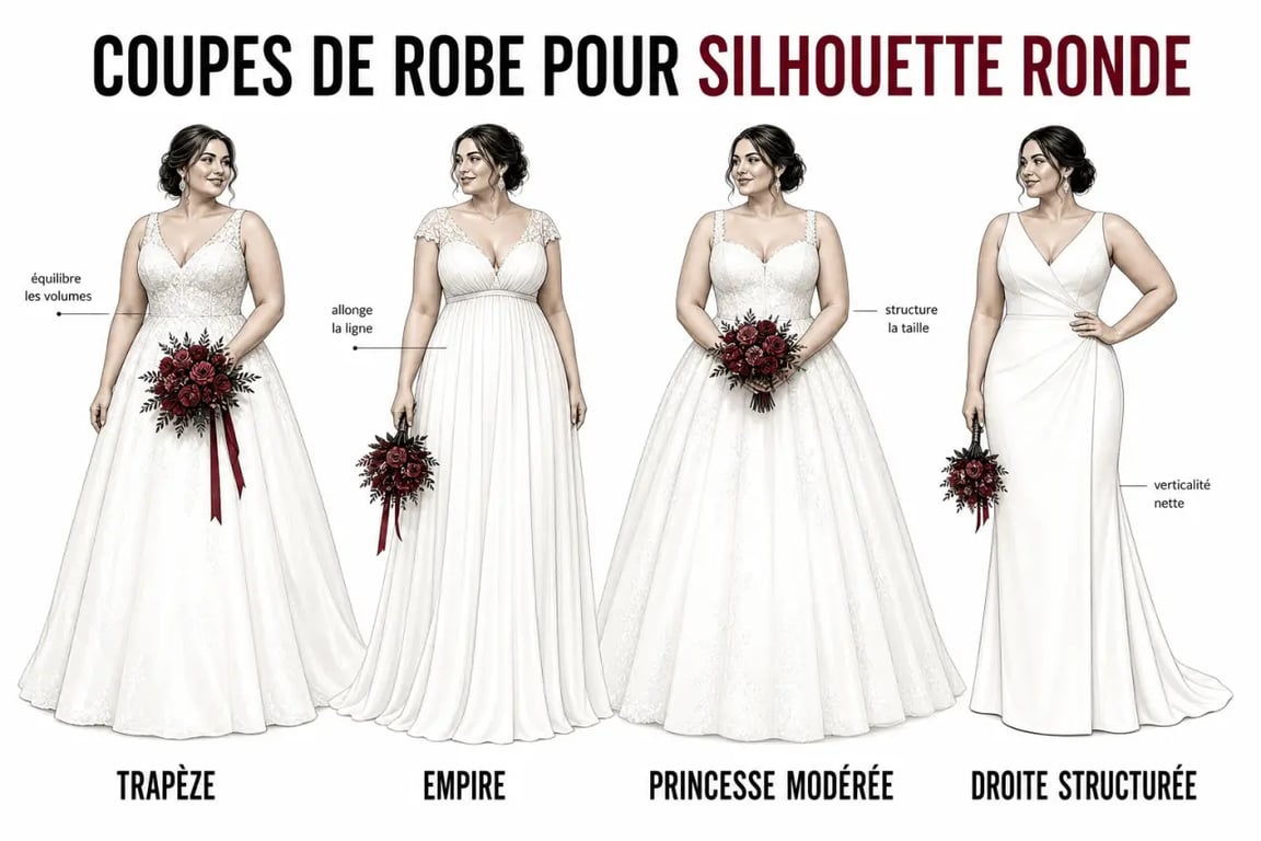 Robe de mariage pour femme ronde : comparaison visuelle des coupes trapèze, empire et princesse