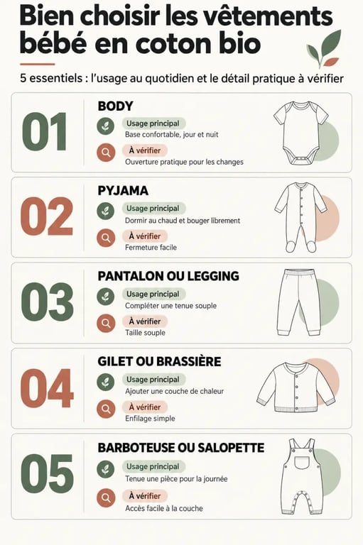 Infographie pour choisir un vêtement bébé coton bio selon l’usage et les détails pratiques