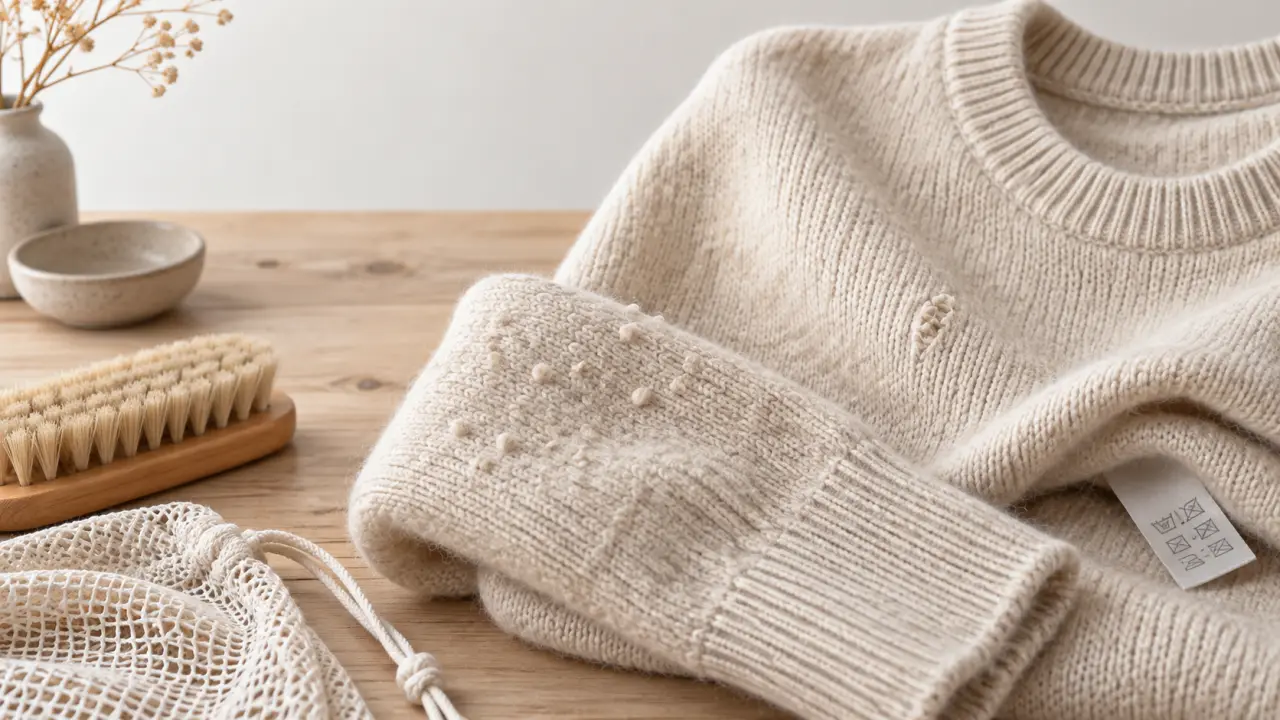 Pull en laine naturel soigneusement plié sur une surface claire
