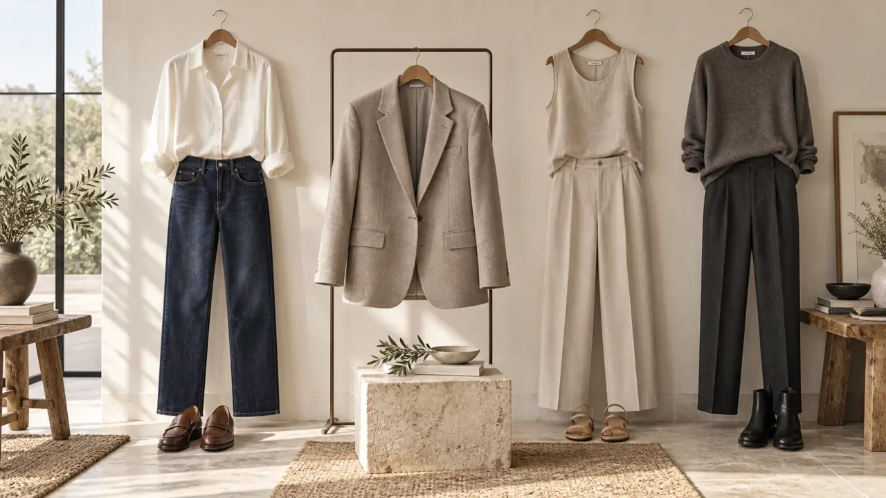 Blazer beige porté dans trois silhouettes minimalistes et intemporelles