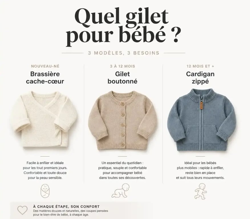 Gilet bébé en plusieurs formes : brassière, gilet boutonné et cardigan zippé