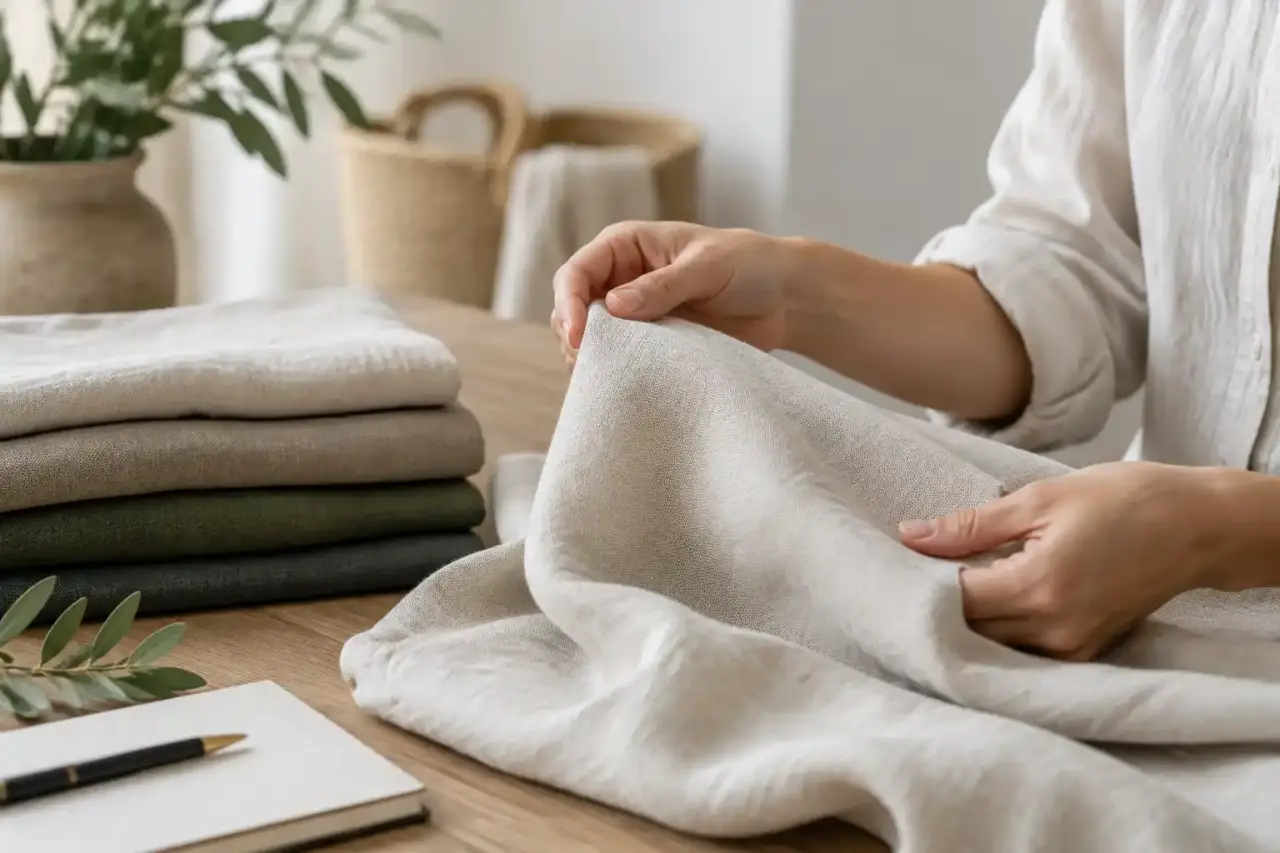 Détail d'un tissu en lin naturel et froissé