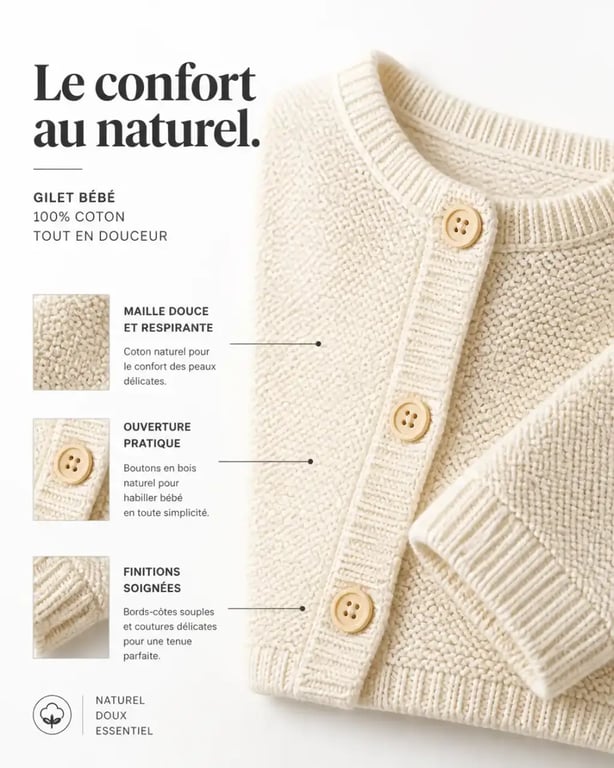 Détail de matière et d’ouverture d’un gilet bébé