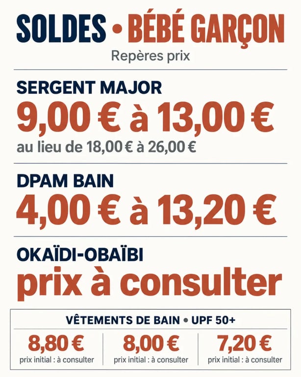 Vêtements bébé garçon soldes : comparaison des prix remisés et des articles de bain