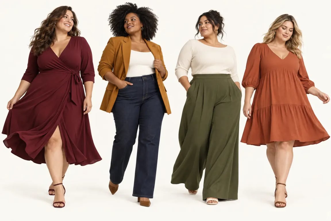 Mode des rondes : quatre silhouettes grande taille portant des tenues confortables et bien coupées