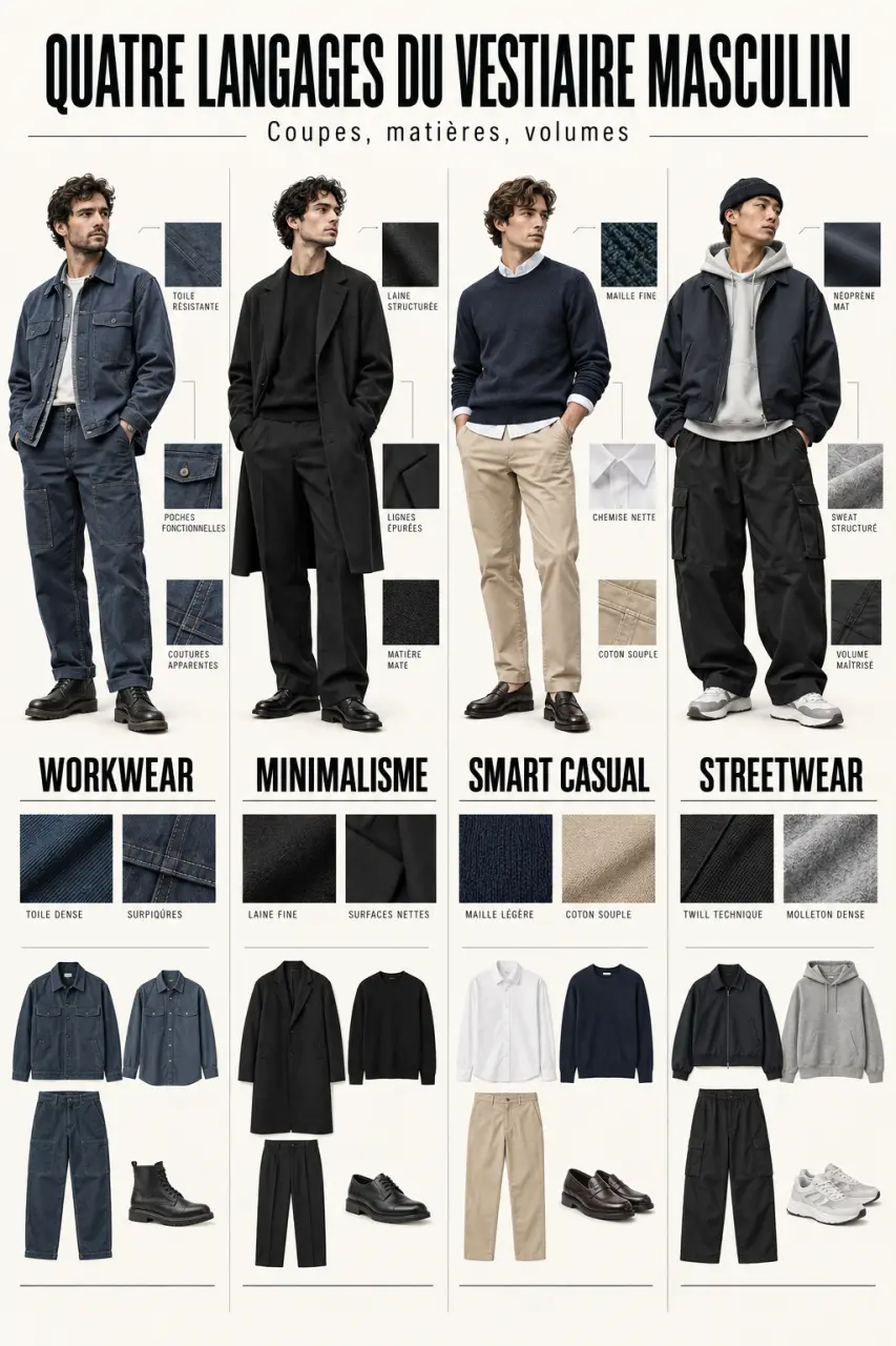 Marque vêtements homme : comparaison visuelle des styles workwear, minimaliste, smart casual et streetwear