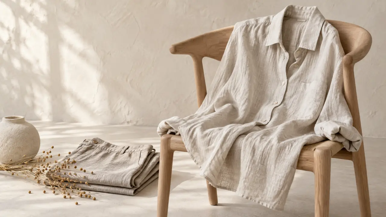 Silhouette portant une veste en lin beige dans une architecture minimaliste