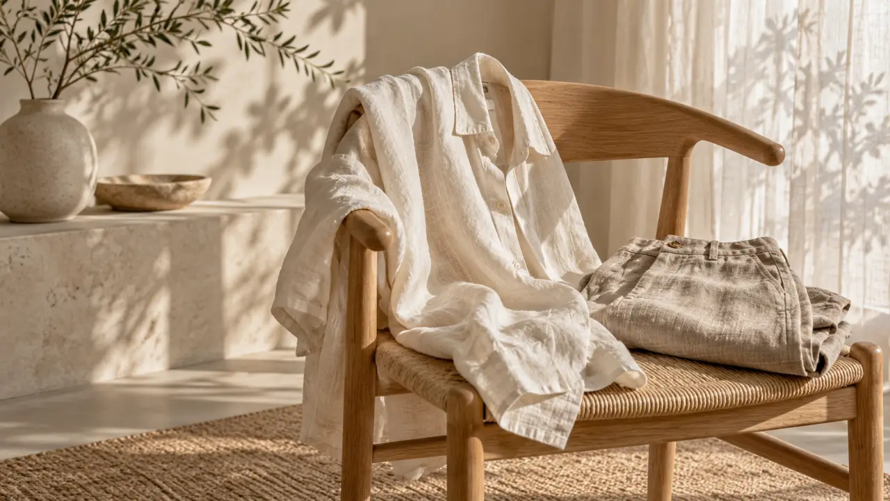 Vêtement en lin beige texturé dans une lumière naturelle