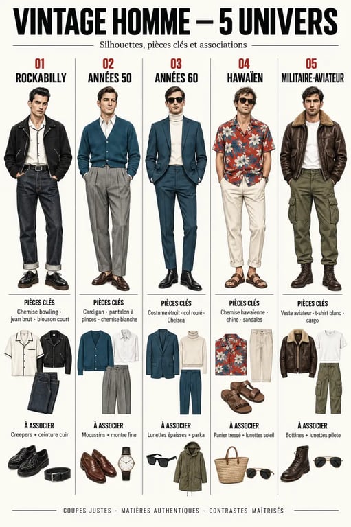 Infographie des styles de vintage vêtements homme : rockabilly, années 50, années 60, hawaïen et militaire