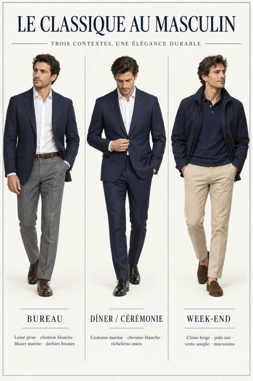 Trois tenues de style vestimentaire classique homme pour le bureau, une cérémonie et le week-end