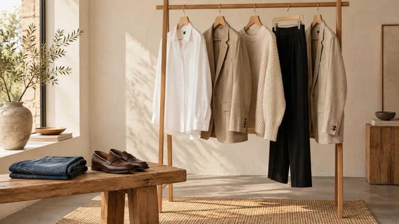 Femme portant un manteau en lin beige dans une architecture minimaliste