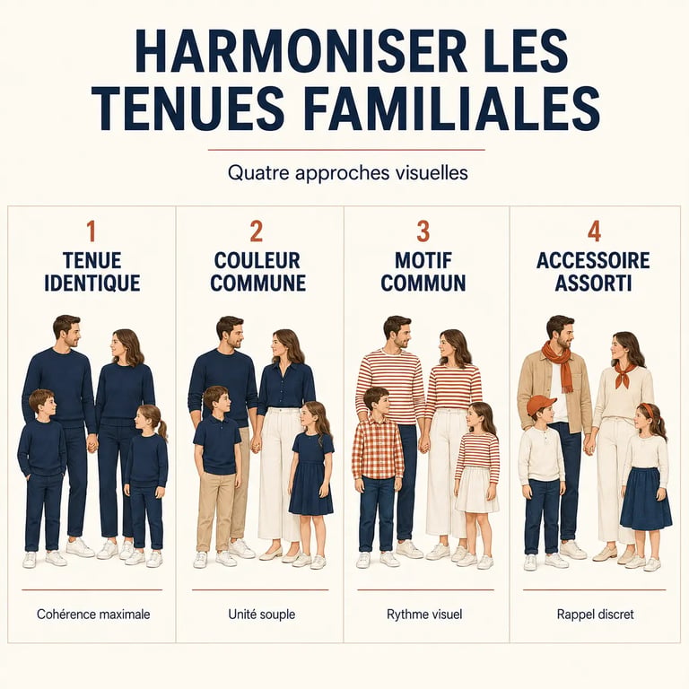Vêtements assorti famille : comparaison des styles identique, coordonné, motif commun et accessoire assorti