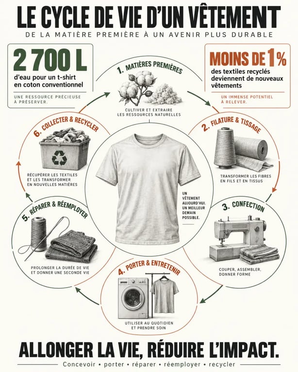 Infographie sur le cycle de vie d’un vêtement en mode durable, de la matière première au recyclage