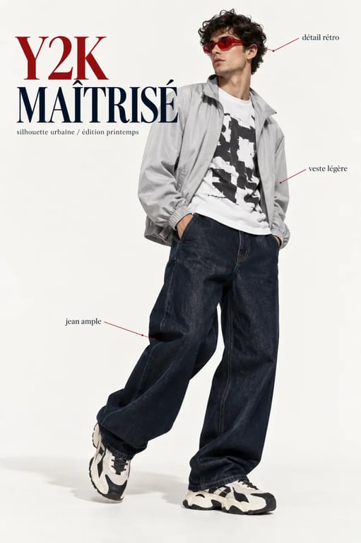 Outfit homme streetwear Y2K avec jean large et sneakers épaisses