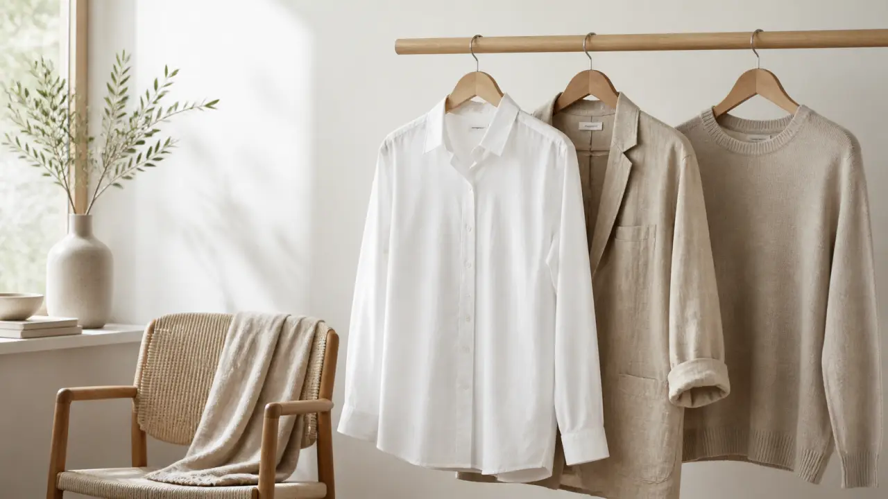 Femme portant un long manteau en lin beige dans un décor architectural minimaliste