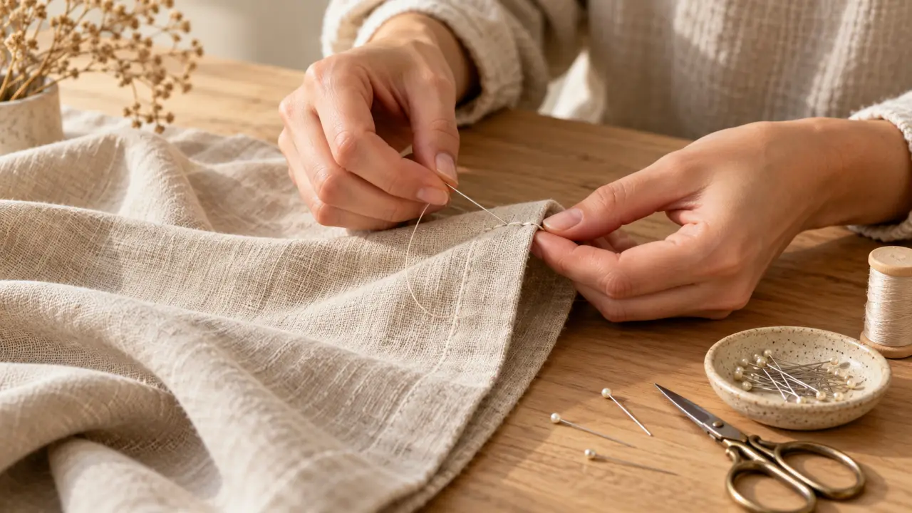 Mains préparant un ourlet sur un pantalon en lin naturel