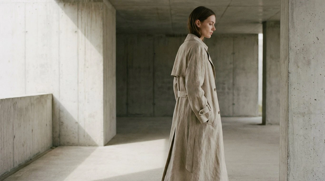 Femme en manteau beige dans un décor architectural minimaliste