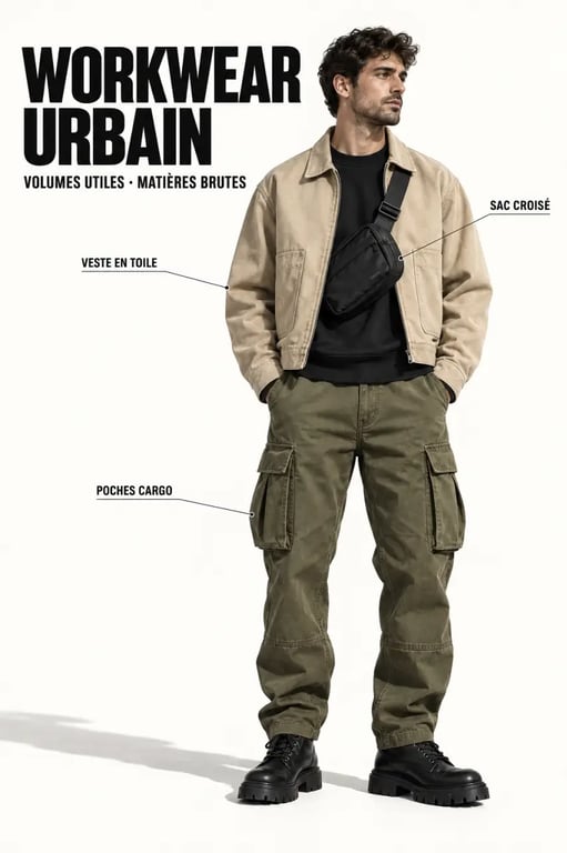 Outfit homme streetwear workwear avec pantalon cargo et veste en toile