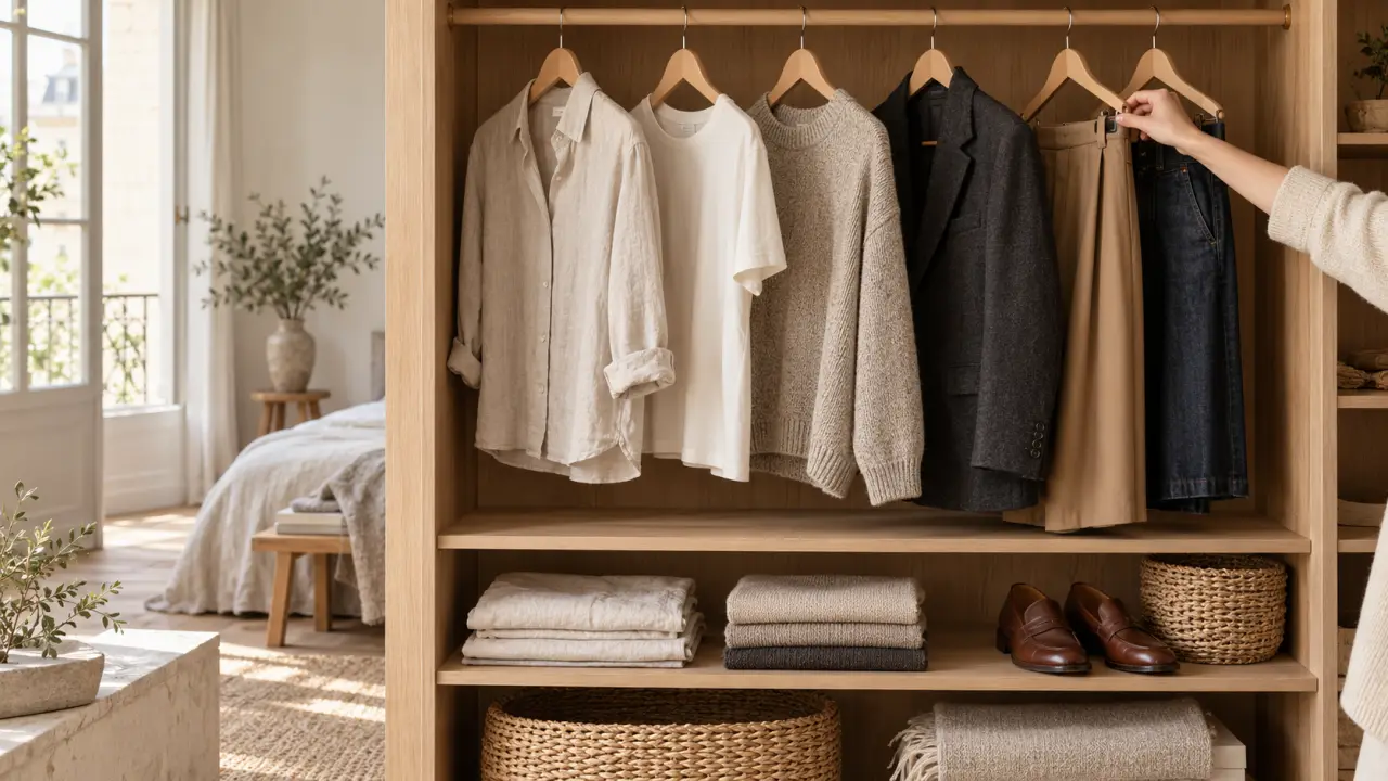 Dressing minimaliste composé de vêtements aux teintes naturelles