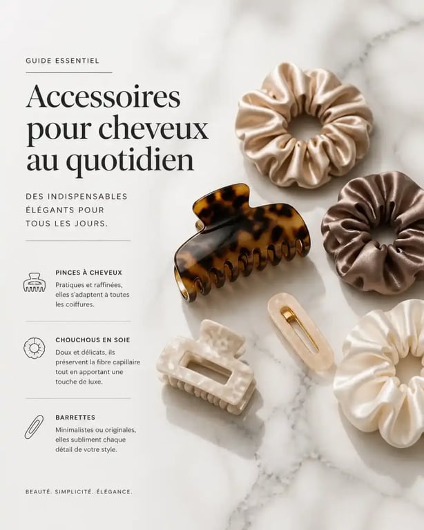 Sélection d'accessoires femme cheveux pour le quotidien : pinces en acétate et chouchous en soie