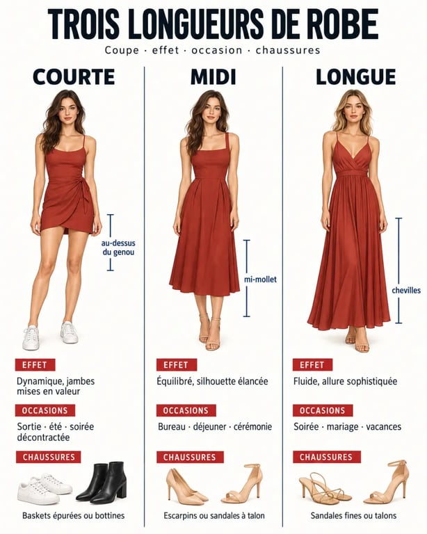 Infographie sur les longueurs de robe pas cher pour femme : courte, midi et longue