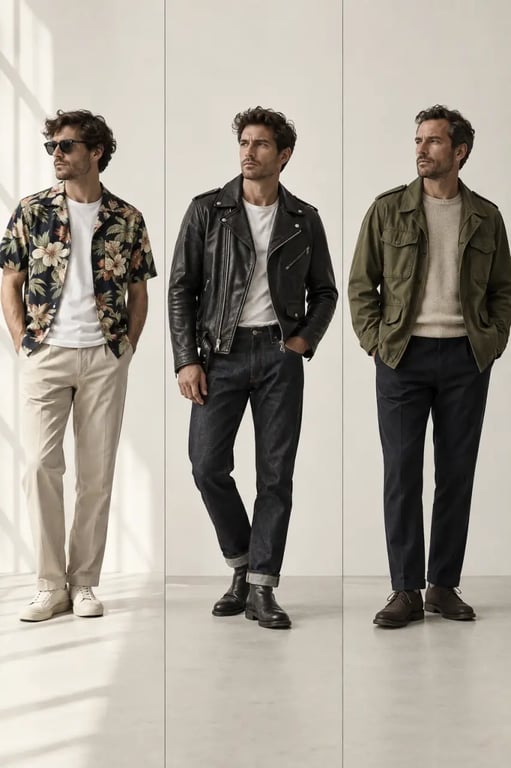 Trois idées de tenues de vintage vêtements homme avec chemise hawaïenne, perfecto et veste militaire