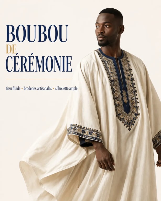 Le vêtement boubou porté lors d'une cérémonie, avec tissu fluide et coupe ample