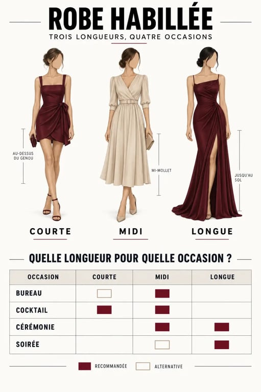 Infographie sur les longueurs et occasions d’une robe habillée femme