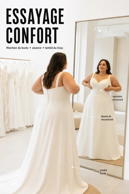 Robe de mariage pour femme ronde essayage en cabine avec vérification du confort et du maintien