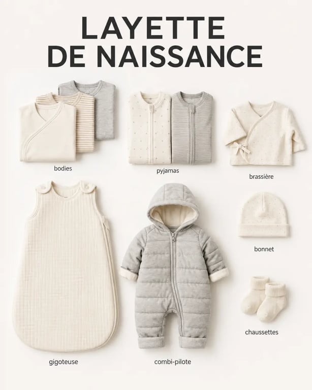 Vêtement pour bébé 1 mois avec layette essentielle organisée sur fond neutre