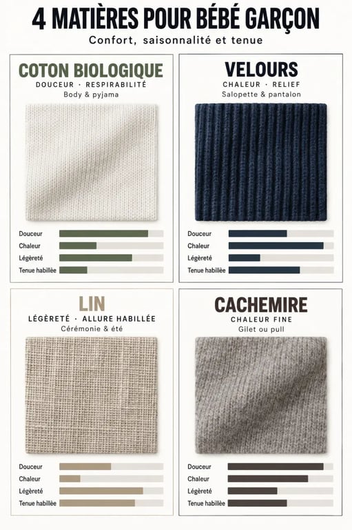 Comparatif des matières pour choisir des vêtements bébé garçon original et qualitatif