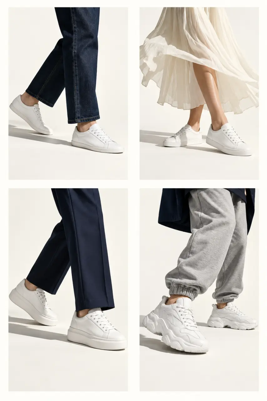 Blanche sneakers portées avec un jean, une robe, un pantalon habillé et une tenue sportswear