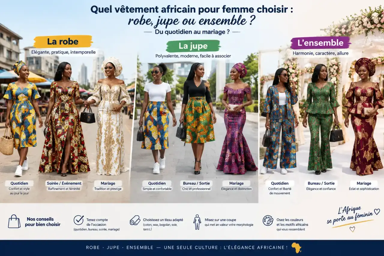 Quel vêtement africain pour femme choisir : robe, jupe ou ensemble, du quotidien au mariage ?