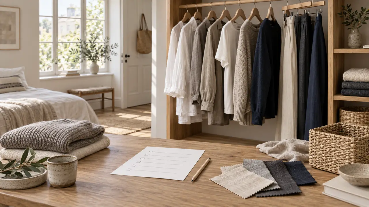 Vestiaire minimaliste composé de vêtements aux tons naturels et aux matières texturées