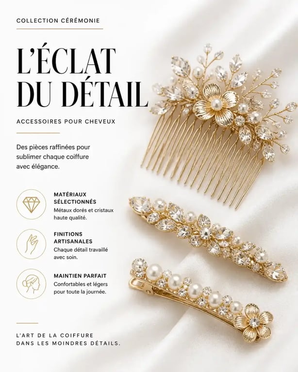Accessoires femme cheveux pour cérémonie : peigne orné et barrettes élégantes