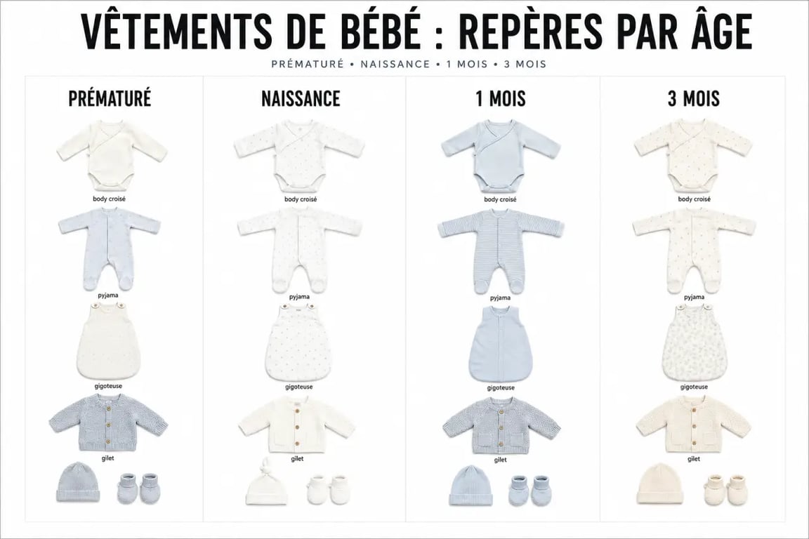Vêtement pour bébé 1 mois comparé à naissance et 3 mois dans une composition éditoriale sobre