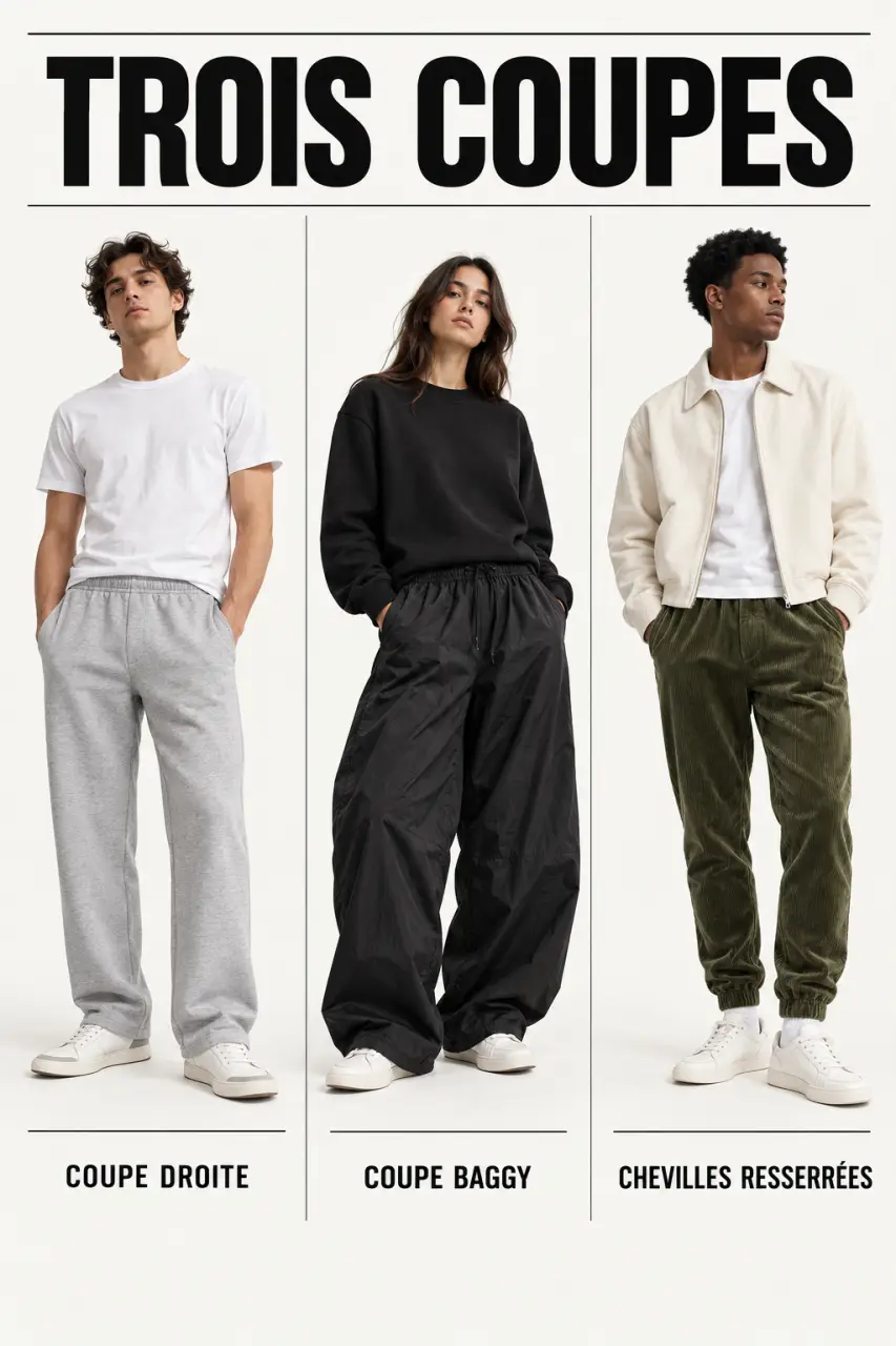Trois silhouettes en jogging streetwear avec coupes droite, baggy et resserrée