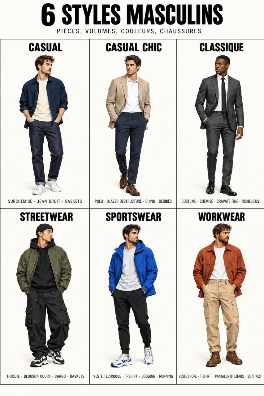 Les principaux styles du style vestimentaire homme jeune : casual, chic, classique, streetwear, sportswear et workwear